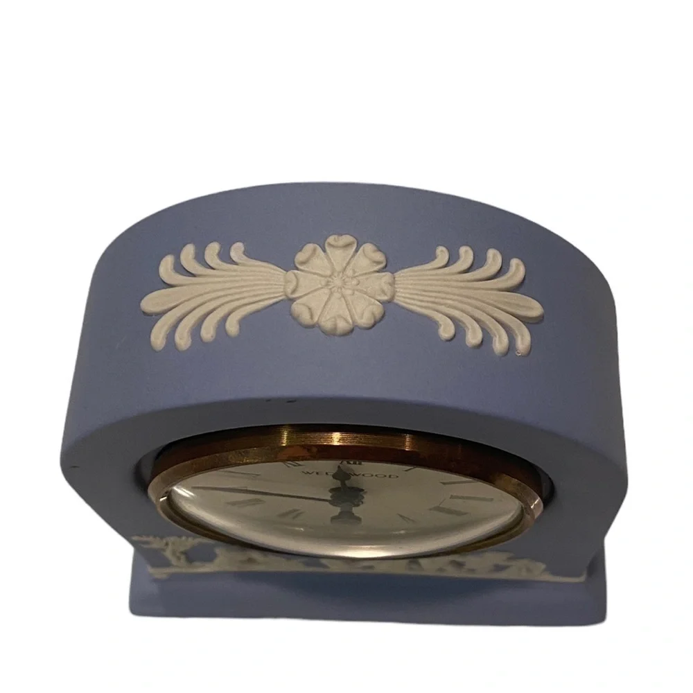 Wedgwood Portland Blue Jasperware Dome Mantel Clock with Cherubs Roman Numerals